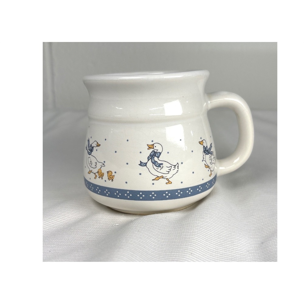 Vintage Country Goose Ceramic Coffee Mug Blue Polka Dot Bow Farmhouse Cream